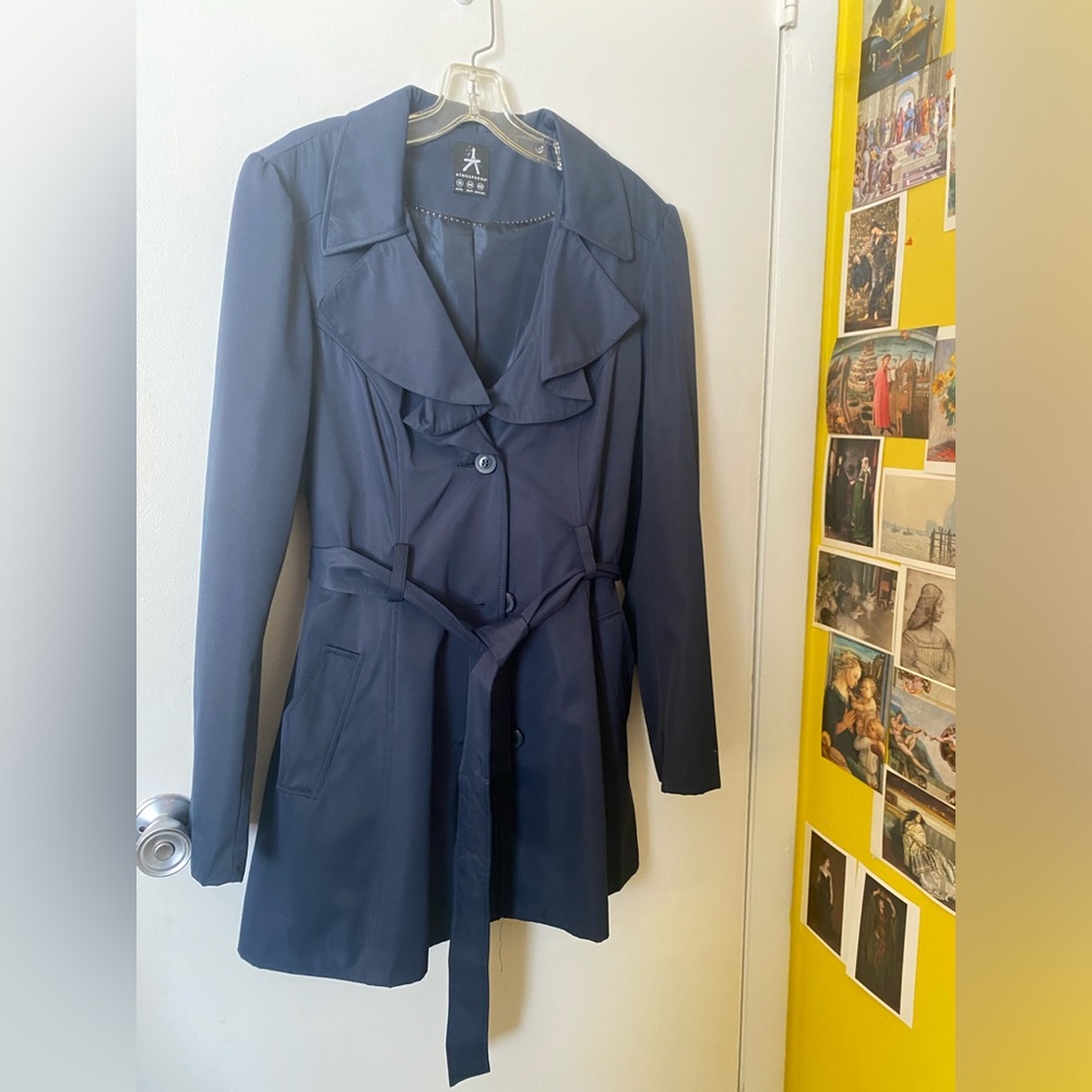 Atmosphere Women's Navy Blue Trench Rain Coat with Ruffled Collar